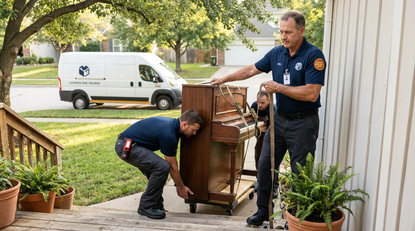 Licensed piano movers securing grand piano in Lake Alfred, FL