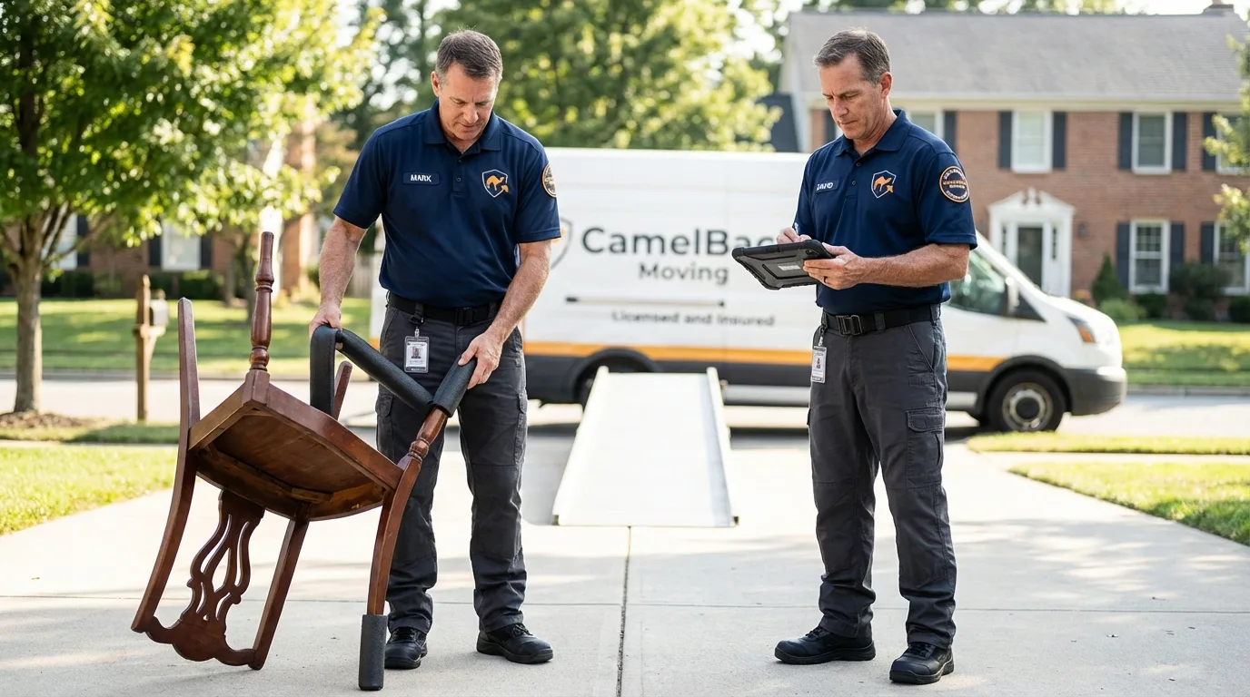 Movers inspecting furniture for damage prevention before loading in Lake Alfred, FL